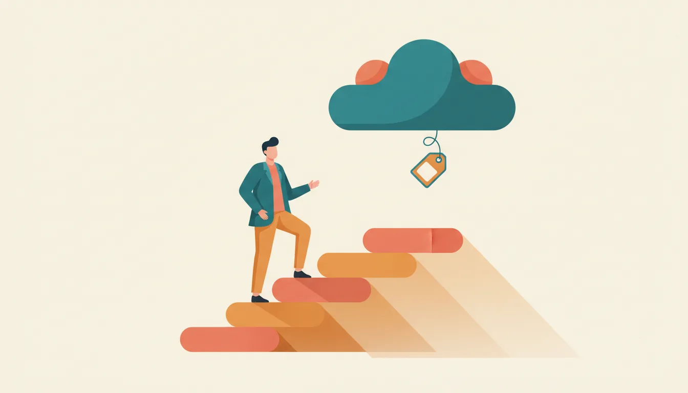 A person climbing gentle steps toward a friendly cloud with a price tag